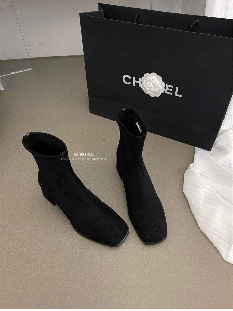 Fleece Ankle Boots Square Heel