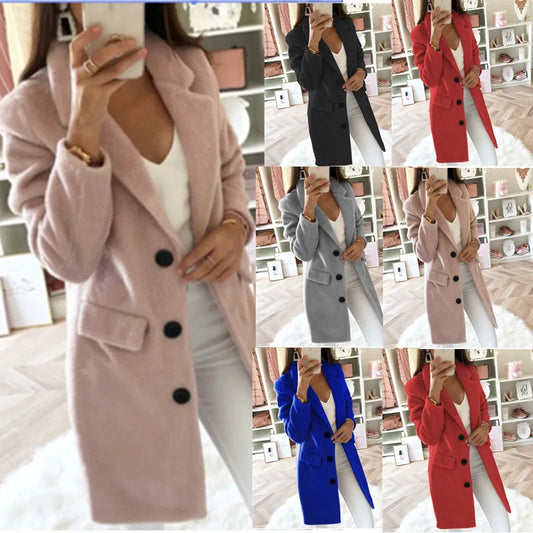 Wool Blend Ladies Coat Turn Down Collar Long Sleeve Double Breasted