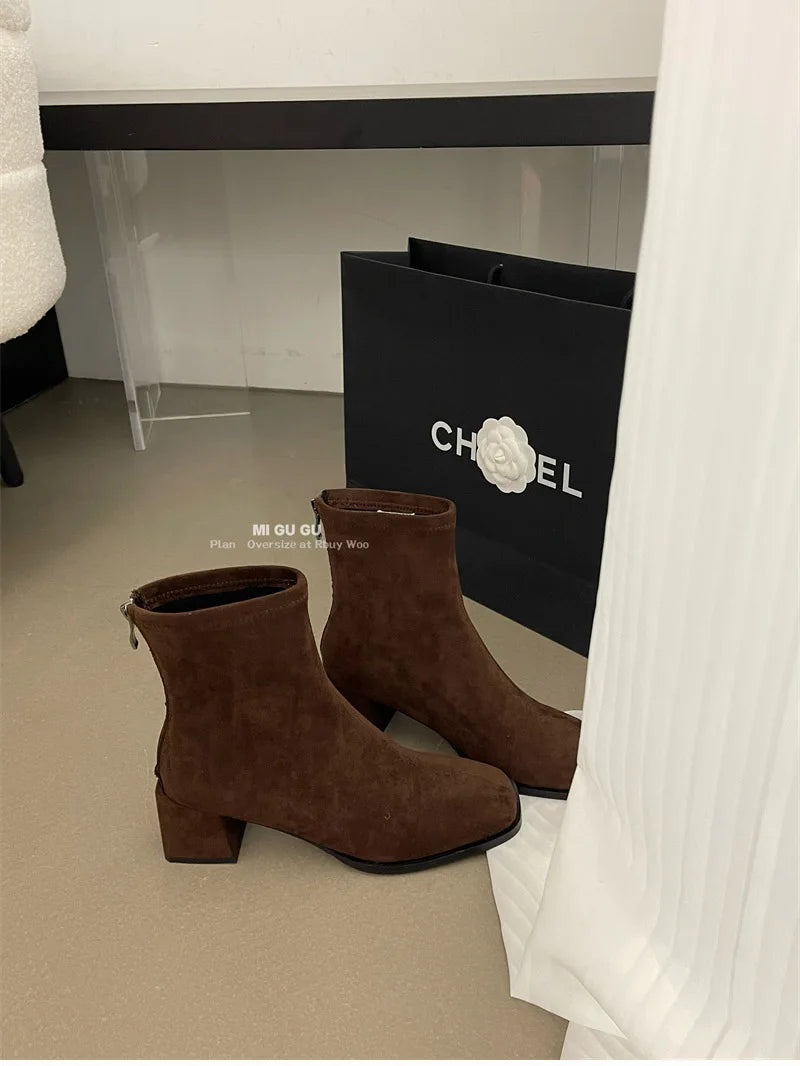 Fleece Ankle Boots Square Heel