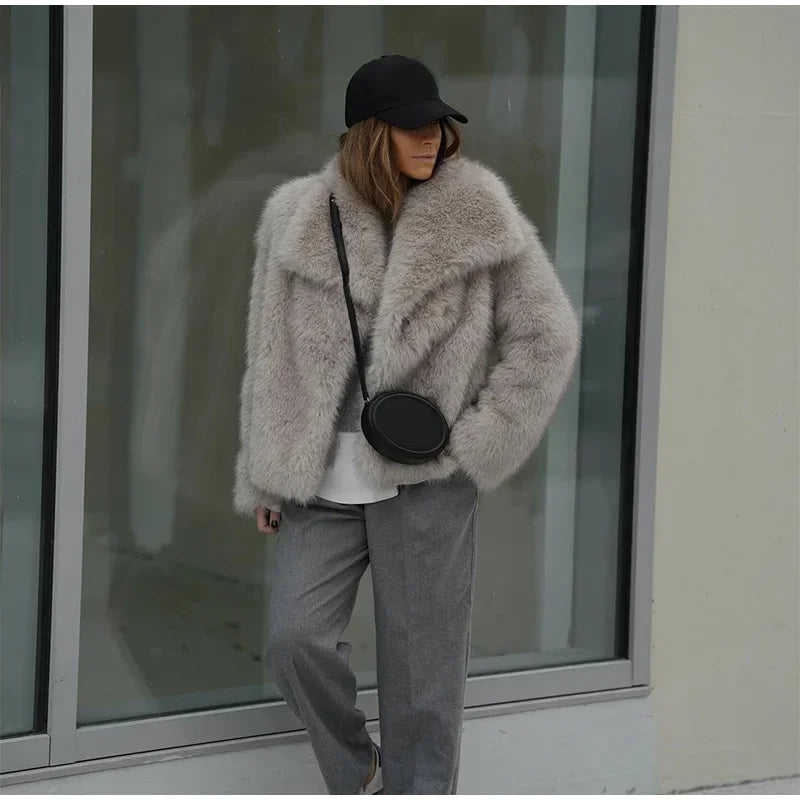 Faux Fur Solid Lapel Jackets