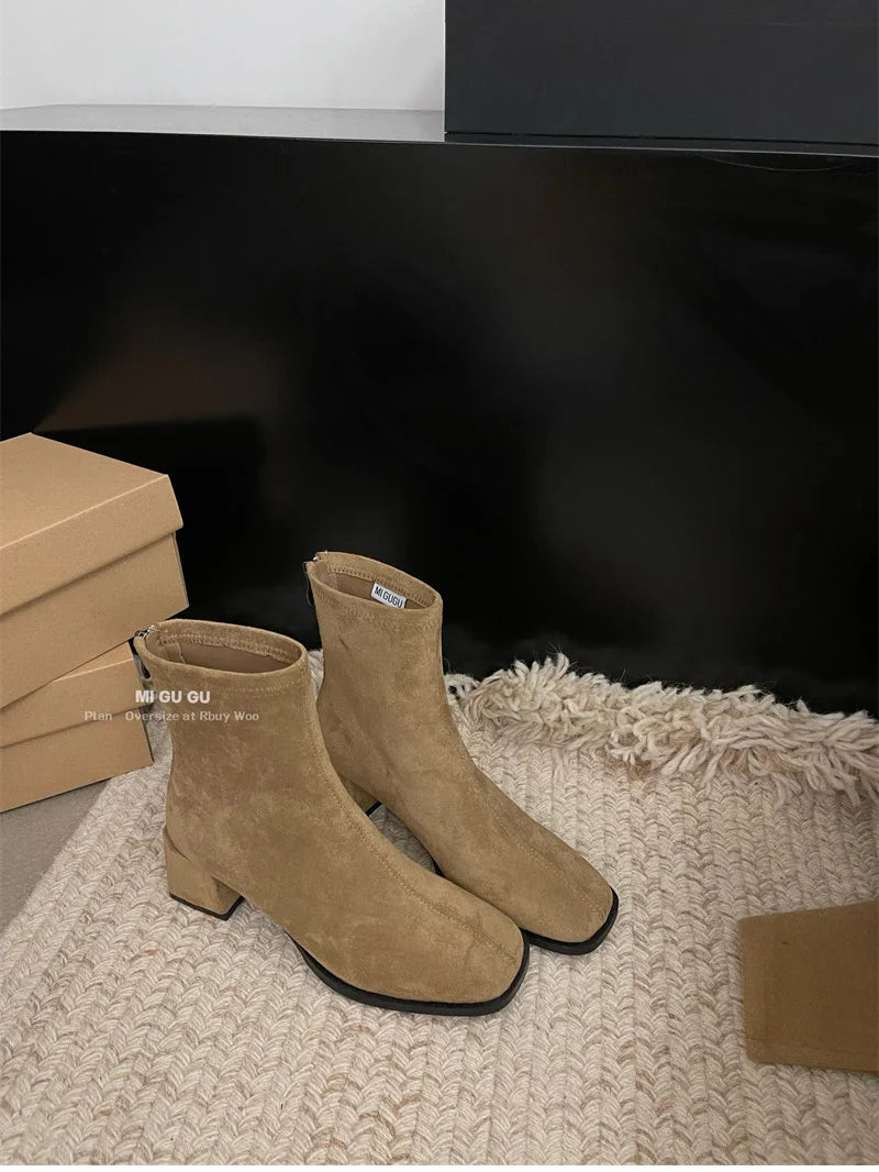 Fleece Ankle Boots Square Heel