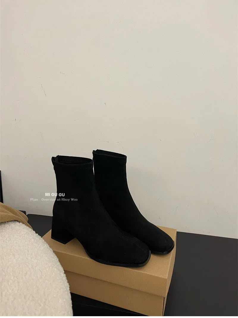 Fleece Ankle Boots Square Heel