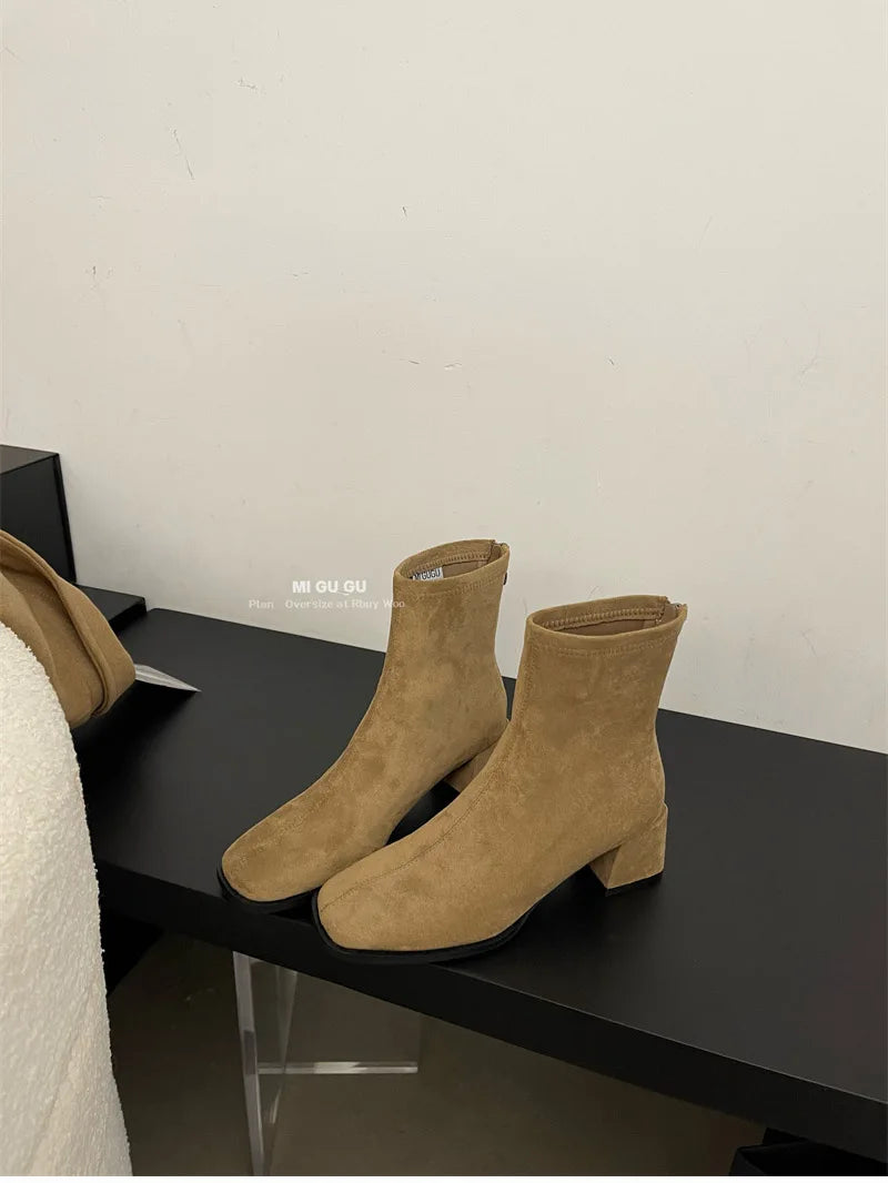 Fleece Ankle Boots Square Heel