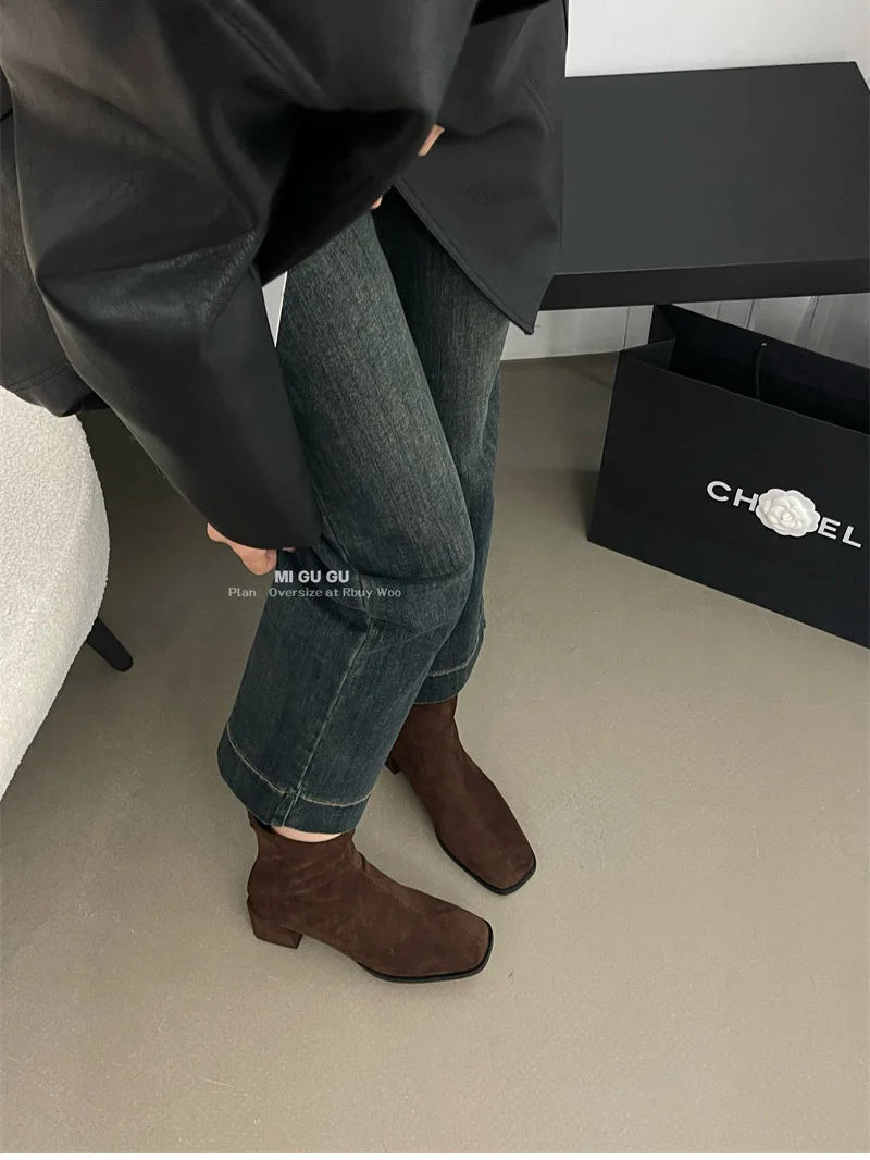 Fleece Ankle Boots Square Heel