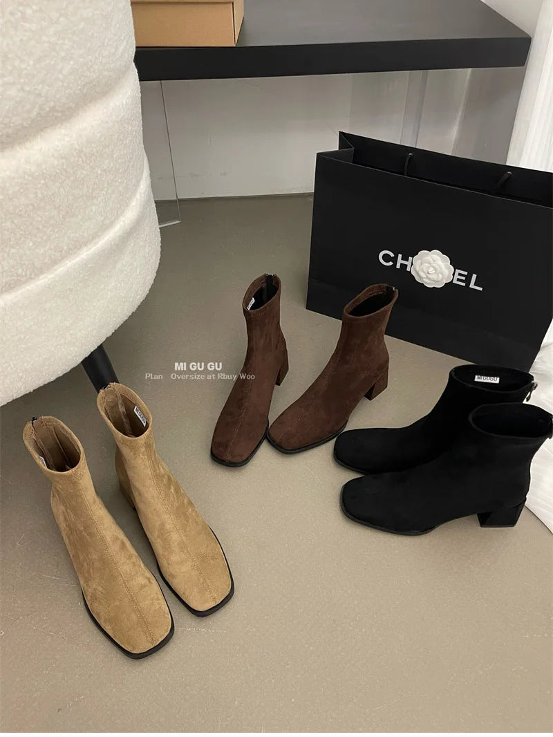 Fleece Ankle Boots Square Heel