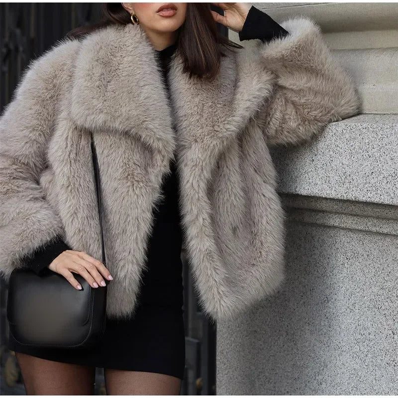 Faux Fur Solid Lapel Jackets