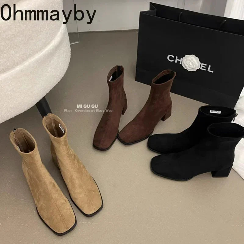 Fleece Ankle Boots Square Heel