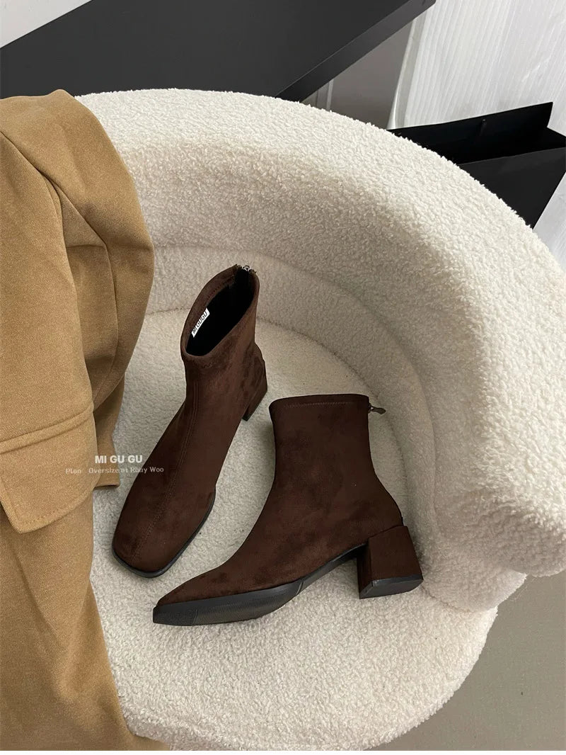 Fleece Ankle Boots Square Heel