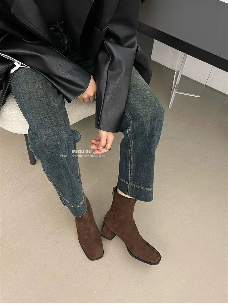 Fleece Ankle Boots Square Heel